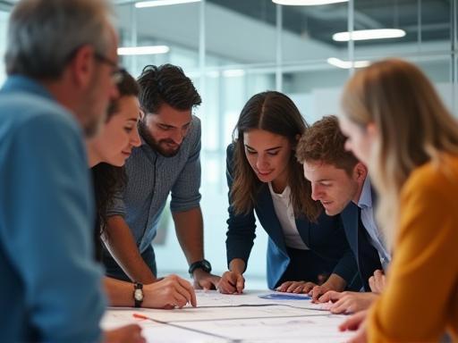 Alpen Maut System Team bei der Zusammenarbeit in einem modernen Büro