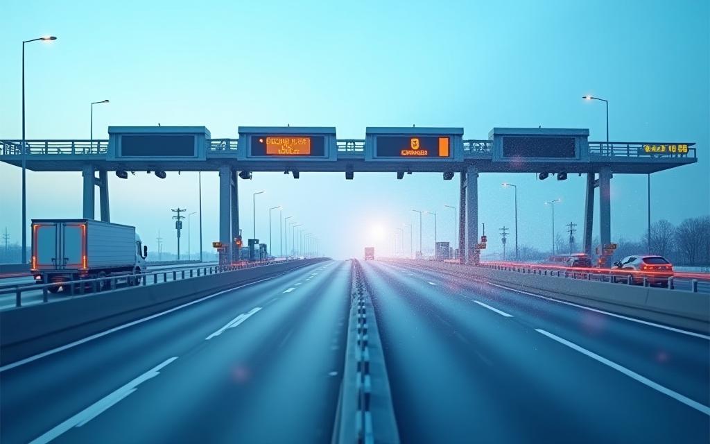 Modernes Autobahn-Mauterhebungssystem mit abstrakter Technologieüberlagerung